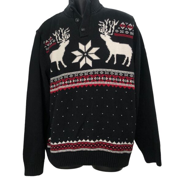 Chaps Fair Isle Sweater Reindeer Graphic Button Neck Black Cotton Large - Picture 1 of 8